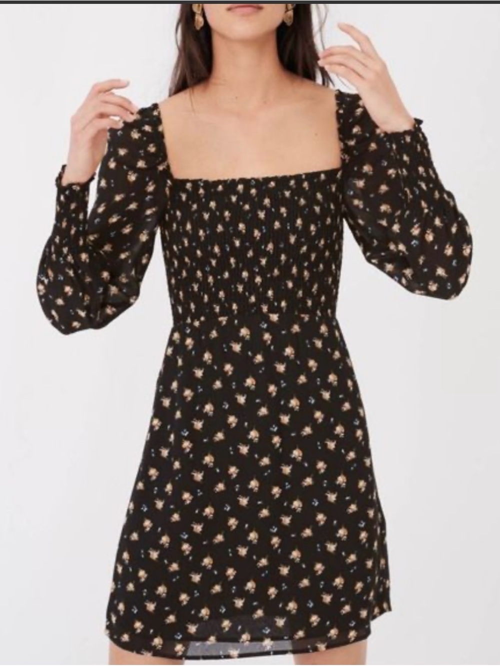 Maje Paris Black Ditsy Floral Smocked Square Neck Long Sleeve Mini Dress small